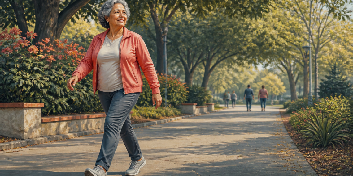Mujer mayor caminando a paso activo por un parque arbolado, con ropa cómoda y zapatillas deportivas, en una escena de actividad física al aire libre.