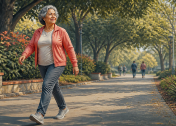 Mujer mayor caminando a paso activo por un parque arbolado, con ropa cómoda y zapatillas deportivas, en una escena de actividad física al aire libre.