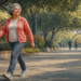 Mujer mayor caminando a paso activo por un parque arbolado, con ropa cómoda y zapatillas deportivas, en una escena de actividad física al aire libre.