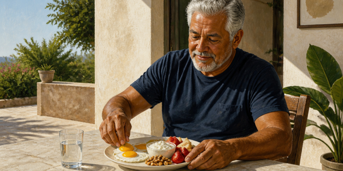 Hombre mayor sentado en una terraza soleada come un desayuno con huevos, yogur, fresas y frutos secos, acompañado de un vaso de agua.