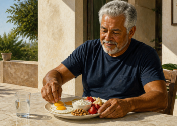 Hombre mayor sentado en una terraza soleada come un desayuno con huevos, yogur, fresas y frutos secos, acompañado de un vaso de agua.
