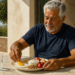 Hombre mayor sentado en una terraza soleada come un desayuno con huevos, yogur, fresas y frutos secos, acompañado de un vaso de agua.