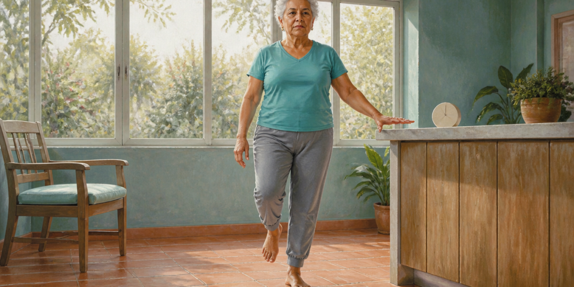 Mujer mayor mantiene el equilibrio sobre una pierna junto a una encimera con un reloj, en una habitación luminosa con una silla cercana.