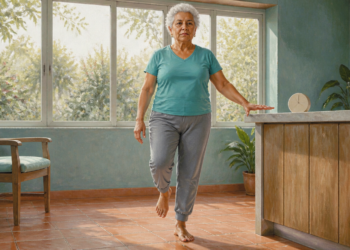Mujer mayor mantiene el equilibrio sobre una pierna junto a una encimera con un reloj, en una habitación luminosa con una silla cercana.