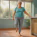 Mujer mayor mantiene el equilibrio sobre una pierna junto a una encimera con un reloj, en una habitación luminosa con una silla cercana.