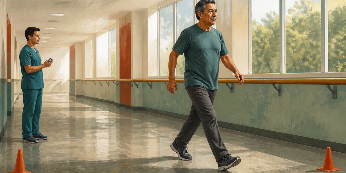 Hombre mayor caminando por un pasillo amplio mientras un profesional sanitario observa y controla la prueba, con conos colocados para marcar el recorrido.