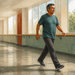 Hombre mayor caminando por un pasillo amplio mientras un profesional sanitario observa y controla la prueba, con conos colocados para marcar el recorrido.