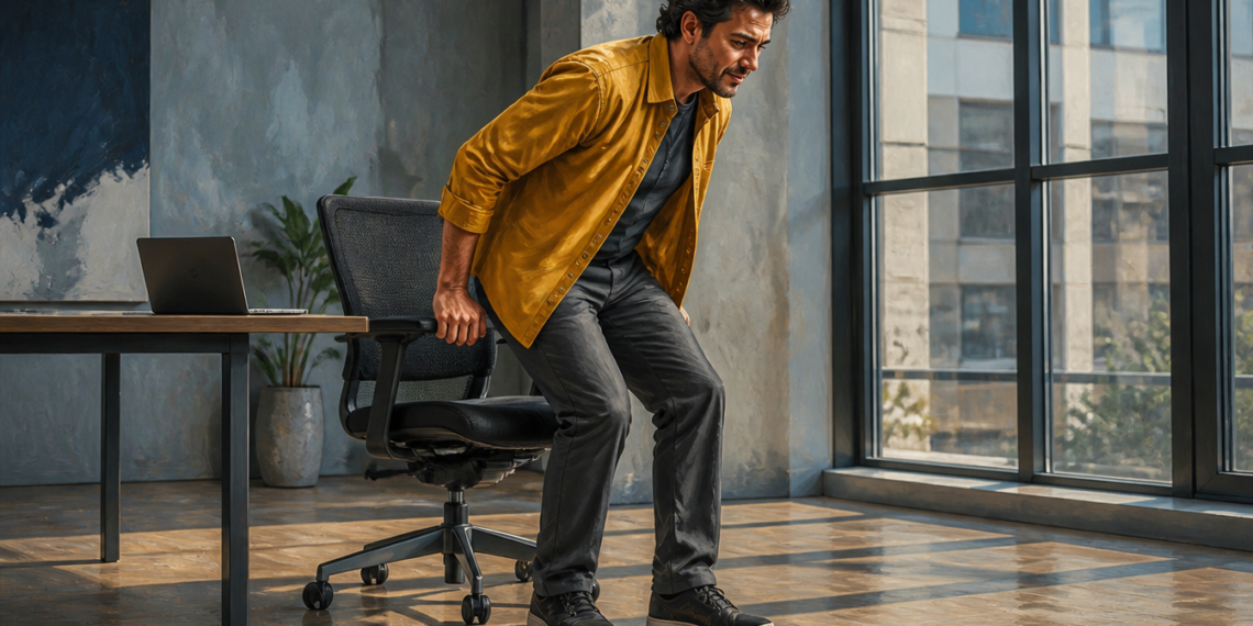 Hombre de pie junto a una silla de oficina, incorporándose con gesto de molestia en las piernas en un espacio de trabajo con escritorio, portátil y ventanales.
