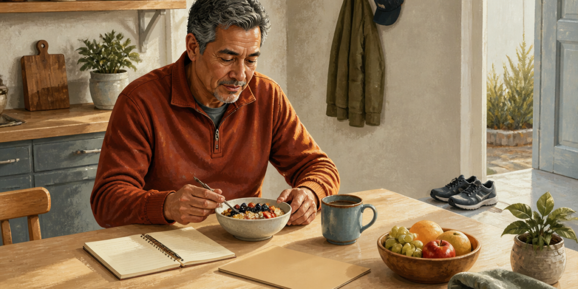 Hombre adulto sentado a la mesa desayunando un bol con fruta y otros alimentos, junto a un cuaderno abierto, una taza y un frutero en una cocina luminosa.