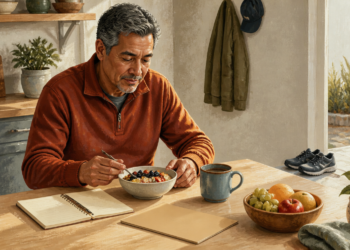 Hombre adulto sentado a la mesa desayunando un bol con fruta y otros alimentos, junto a un cuaderno abierto, una taza y un frutero en una cocina luminosa.