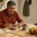 Hombre adulto sentado a la mesa desayunando un bol con fruta y otros alimentos, junto a un cuaderno abierto, una taza y un frutero en una cocina luminosa.