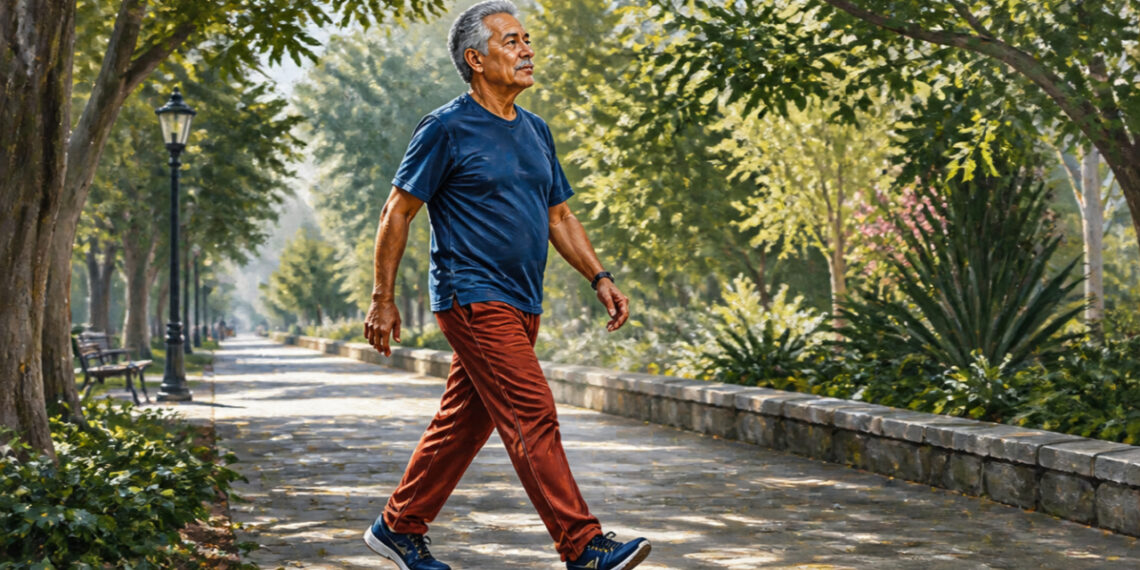 Hombre mayor caminando por un sendero arbolado de un parque, con ropa deportiva y paso firme durante una jornada luminosa.
