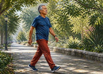 Hombre mayor caminando por un sendero arbolado de un parque, con ropa deportiva y paso firme durante una jornada luminosa.