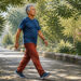 Hombre mayor caminando por un sendero arbolado de un parque, con ropa deportiva y paso firme durante una jornada luminosa.