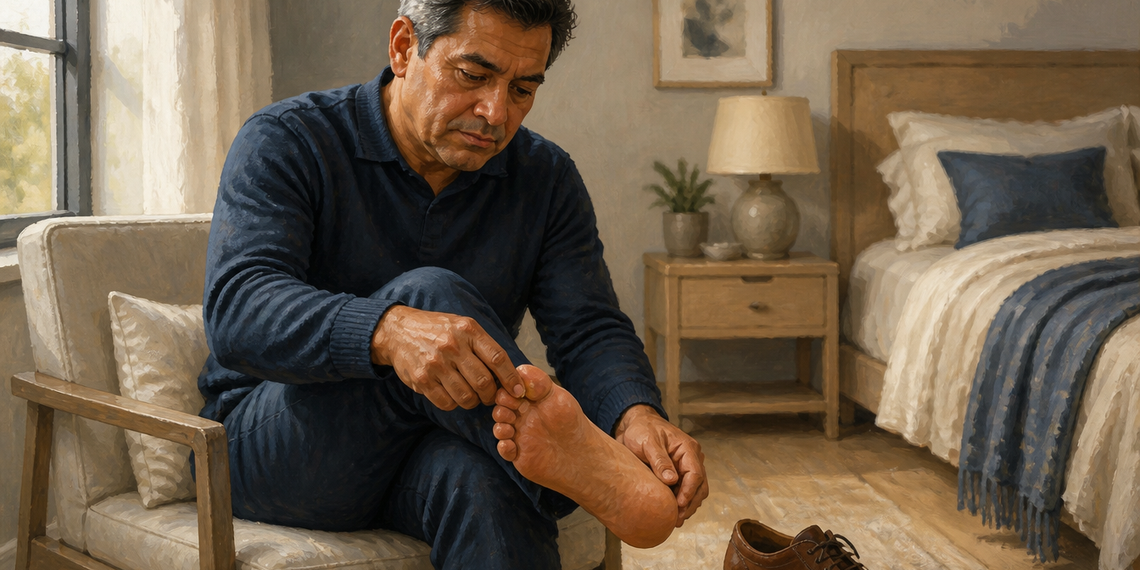 Hombre adulto sentado en un dormitorio examinando la planta de un pie con las manos, junto a unos zapatos colocados en el suelo.