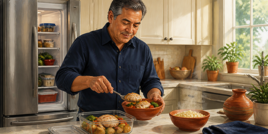 Hombre mayor sirviendo comida preparada en un bol junto a recipientes con pollo, verduras y arroz en una cocina con el refrigerador abierto.