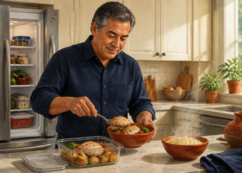 Hombre mayor sirviendo comida preparada en un bol junto a recipientes con pollo, verduras y arroz en una cocina con el refrigerador abierto.
