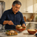 Hombre mayor sirviendo comida preparada en un bol junto a recipientes con pollo, verduras y arroz en una cocina con el refrigerador abierto.