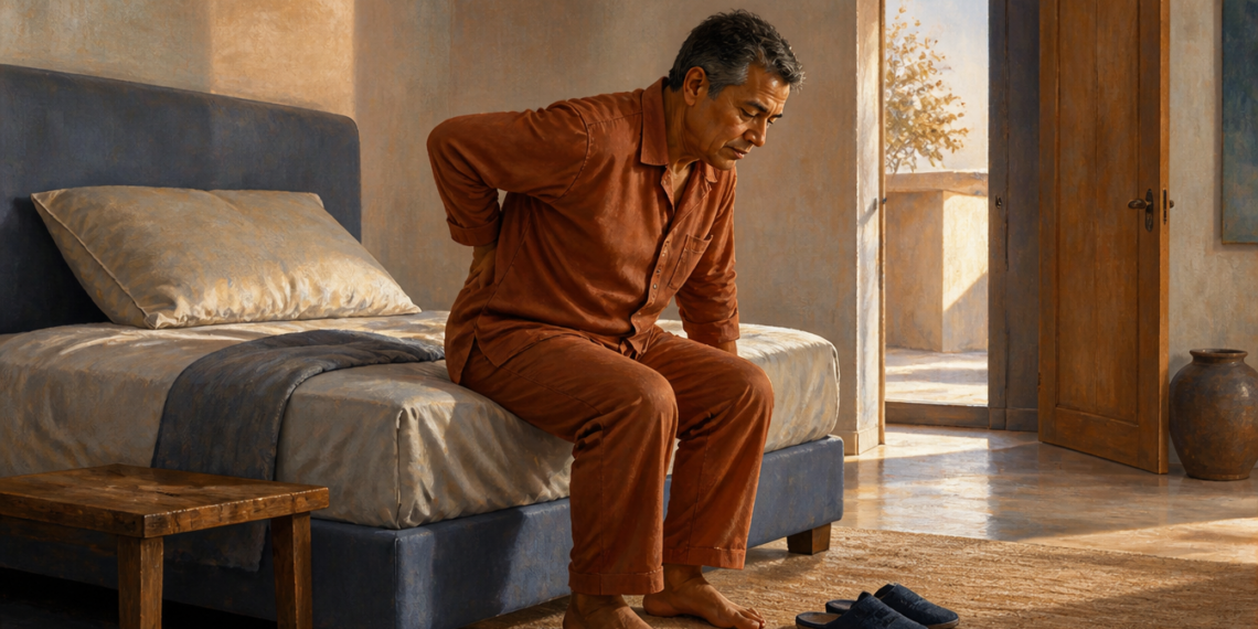 Hombre sentado en el borde de la cama al despertar se sostiene la zona lumbar con una mano y muestra un gesto de dolor, con unas pantuflas sobre la alfombra.