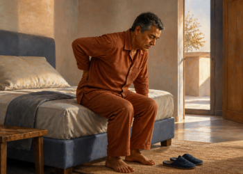 Hombre sentado en el borde de la cama al despertar se sostiene la zona lumbar con una mano y muestra un gesto de dolor, con unas pantuflas sobre la alfombra.