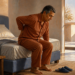 Hombre sentado en el borde de la cama al despertar se sostiene la zona lumbar con una mano y muestra un gesto de dolor, con unas pantuflas sobre la alfombra.