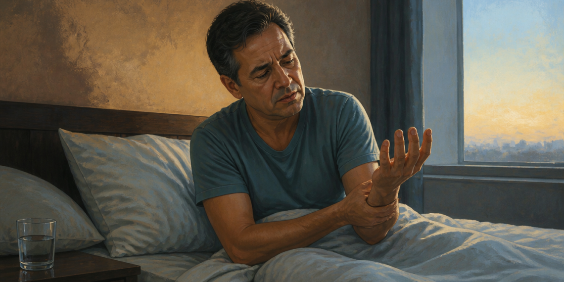 Hombre sentado en la cama al despertar se sostiene la muñeca y observa la mano con expresión de preocupación, junto a un vaso de agua sobre la mesita de noche.