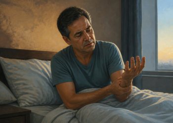 Hombre sentado en la cama al despertar se sostiene la muñeca y observa la mano con expresión de preocupación, junto a un vaso de agua sobre la mesita de noche.