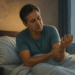 Hombre sentado en la cama al despertar se sostiene la muñeca y observa la mano con expresión de preocupación, junto a un vaso de agua sobre la mesita de noche.