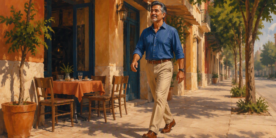 Hombre de mediana edad camina por una acera soleada junto a la terraza de un restaurante después de comer.