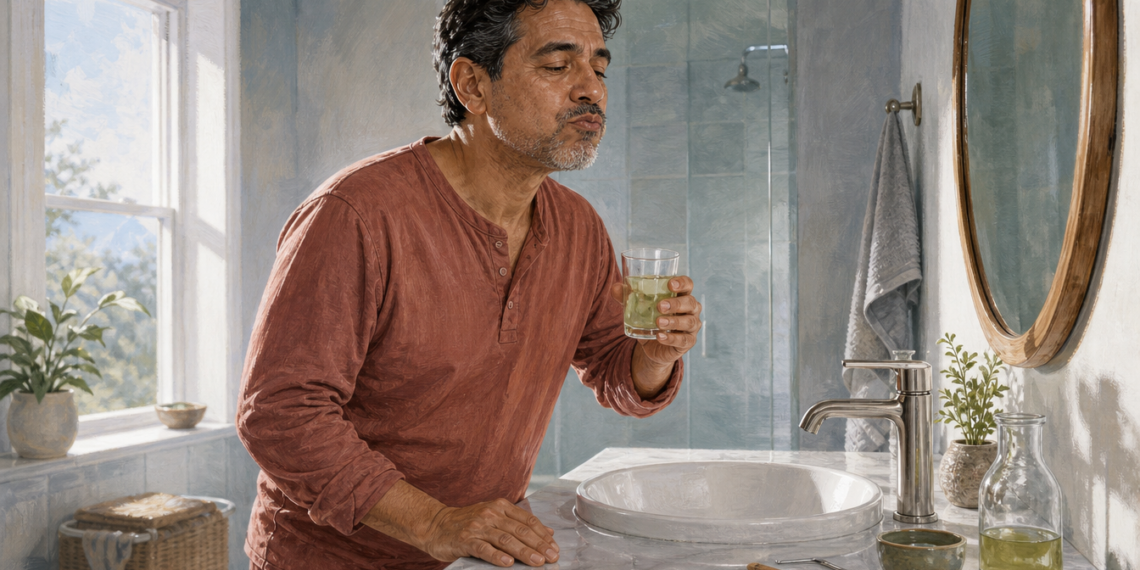 Hombre de mediana edad haciendo un enjuague bucal frente al espejo del baño mientras sostiene un vaso con líquido claro, junto a un pequeño recipiente y una botella.