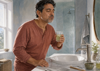 Hombre de mediana edad haciendo un enjuague bucal frente al espejo del baño mientras sostiene un vaso con líquido claro, junto a un pequeño recipiente y una botella.