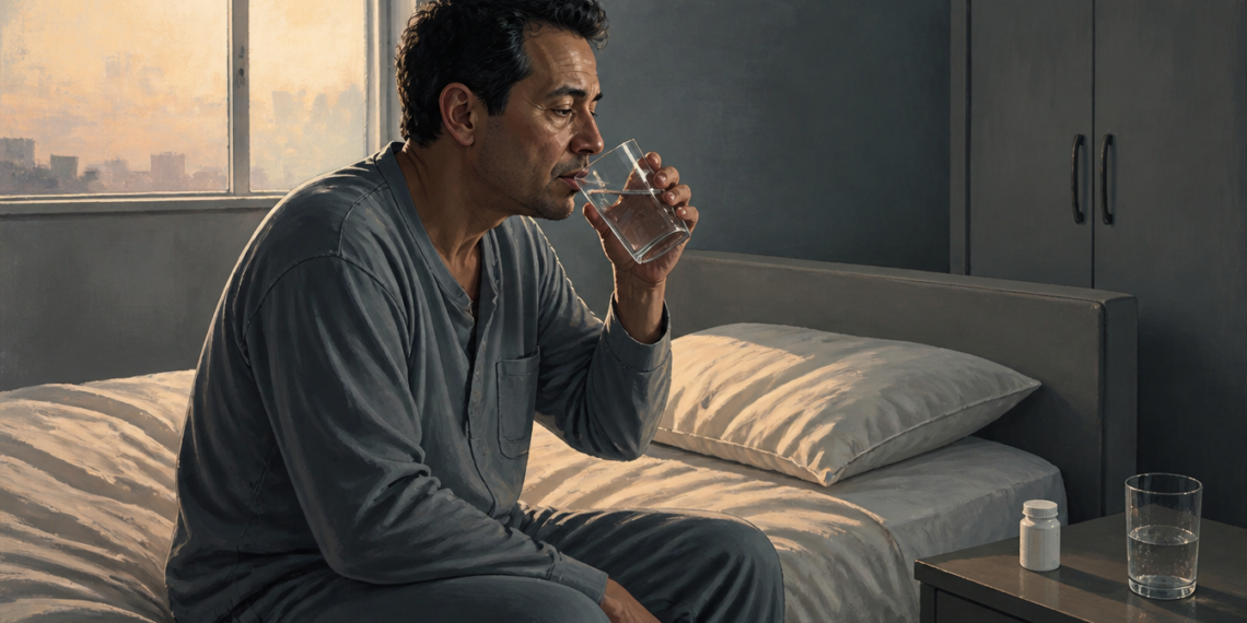 Hombre sentado en la cama con pijama gris bebe agua de un vaso al despertar, junto a una mesita de noche con otro vaso y un frasco, en una escena relacionada con la boca seca.