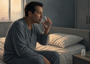Hombre sentado en la cama con pijama gris bebe agua de un vaso al despertar, junto a una mesita de noche con otro vaso y un frasco, en una escena relacionada con la boca seca.