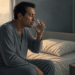 Hombre sentado en la cama con pijama gris bebe agua de un vaso al despertar, junto a una mesita de noche con otro vaso y un frasco, en una escena relacionada con la boca seca.