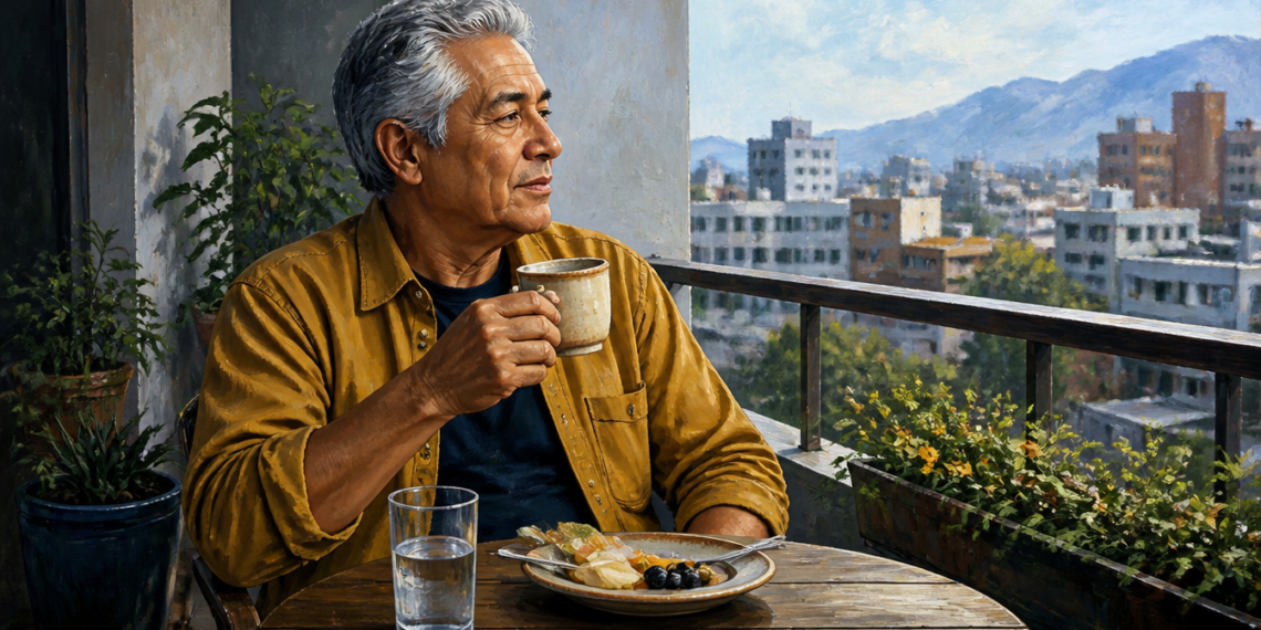 Hombre mayor sentado en un balcón sosteniendo una taza de café junto a un vaso de agua y un plato con alimentos del desayuno, con una ciudad y montañas al fondo.