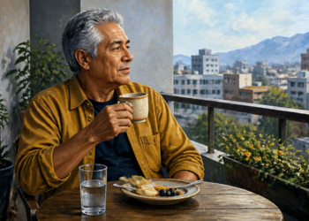 Hombre mayor sentado en un balcón sosteniendo una taza de café junto a un vaso de agua y un plato con alimentos del desayuno, con una ciudad y montañas al fondo.