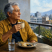 Hombre mayor sentado en un balcón sosteniendo una taza de café junto a un vaso de agua y un plato con alimentos del desayuno, con una ciudad y montañas al fondo.