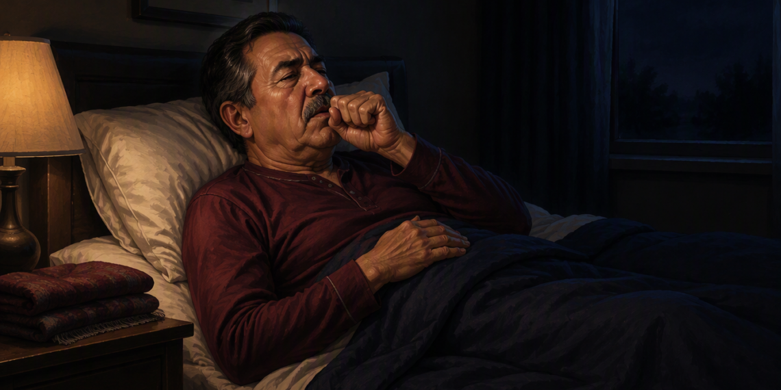 Hombre mayor acostado en la cama durante la noche mientras tose o se aclara la garganta con una mano frente a la boca.