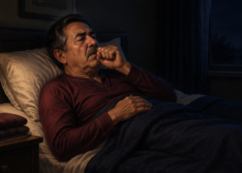 Hombre mayor acostado en la cama durante la noche mientras tose o se aclara la garganta con una mano frente a la boca.