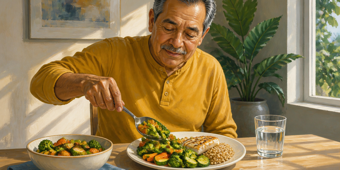 Hombre mayor sentado a la mesa mientras sirve verduras en su plato con una cuchara, acompañado de pescado, un cereal y un vaso de agua en un comedor luminoso.