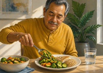 Hombre mayor sentado a la mesa mientras sirve verduras en su plato con una cuchara, acompañado de pescado, un cereal y un vaso de agua en un comedor luminoso.