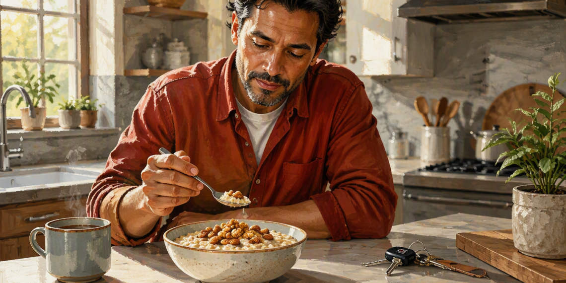 Hombre comiendo un cuenco de avena con frutos secos en una cocina luminosa, acompañado por una taza de bebida caliente sobre la encimera.
