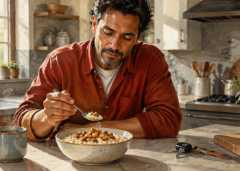 Hombre comiendo un cuenco de avena con frutos secos en una cocina luminosa, acompañado por una taza de bebida caliente sobre la encimera.