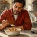 Hombre comiendo un cuenco de avena con frutos secos en una cocina luminosa, acompañado por una taza de bebida caliente sobre la encimera.