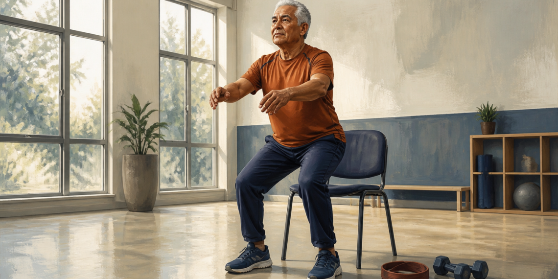 Hombre mayor de cabello gris realizando una sentadilla frente a una silla, con los brazos extendidos, en una sala luminosa con mancuernas y una banda de ejercicio en el suelo.