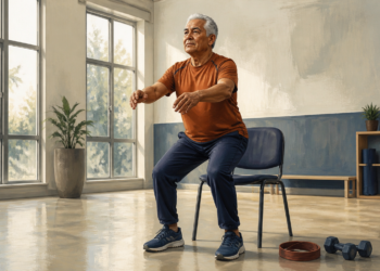 Hombre mayor de cabello gris realizando una sentadilla frente a una silla, con los brazos extendidos, en una sala luminosa con mancuernas y una banda de ejercicio en el suelo.