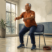 Hombre mayor de cabello gris realizando una sentadilla frente a una silla, con los brazos extendidos, en una sala luminosa con mancuernas y una banda de ejercicio en el suelo.