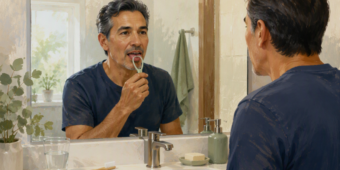 Hombre adulto frente al espejo del baño limpiándose la lengua con un raspador lingual, junto a un vaso de agua, un cepillo de dientes, jabón y dispensadores sobre el lavabo.