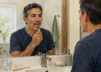 Hombre adulto frente al espejo del baño limpiándose la lengua con un raspador lingual, junto a un vaso de agua, un cepillo de dientes, jabón y dispensadores sobre el lavabo.
