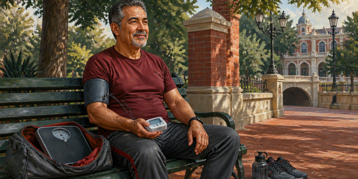 Hombre de mediana edad descansa en un banco de parque mientras mide su presión arterial con un brazalete y un monitor portátil después de hacer ejercicio.